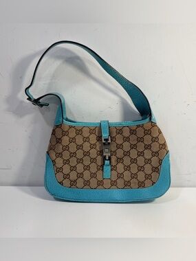 Gucci GG Vintage Jackie Canvs Logo Hobo Bag Teal Blue Beige Leather Trim